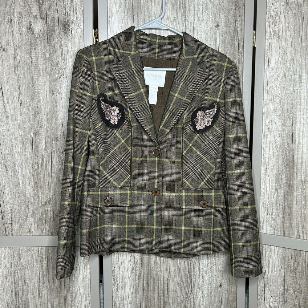 Votre Nom Wool Blend Blazer Embroidered Beaded Plaid Preppy Academia